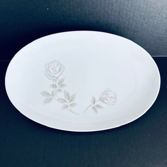 Noritake Edenrose 12.25" Oval Serving Platter Gray/Pink/White Roses VTG - Picture 1 of 12